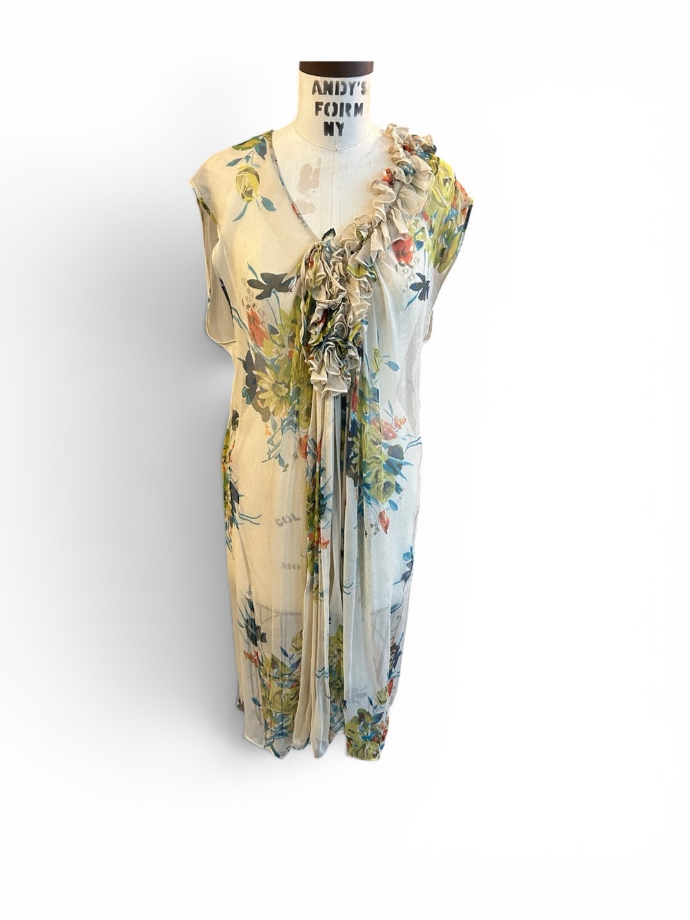 LILITH Silk Sheer Floral Ruffle-Trim Sleeveless Dress - Cream
